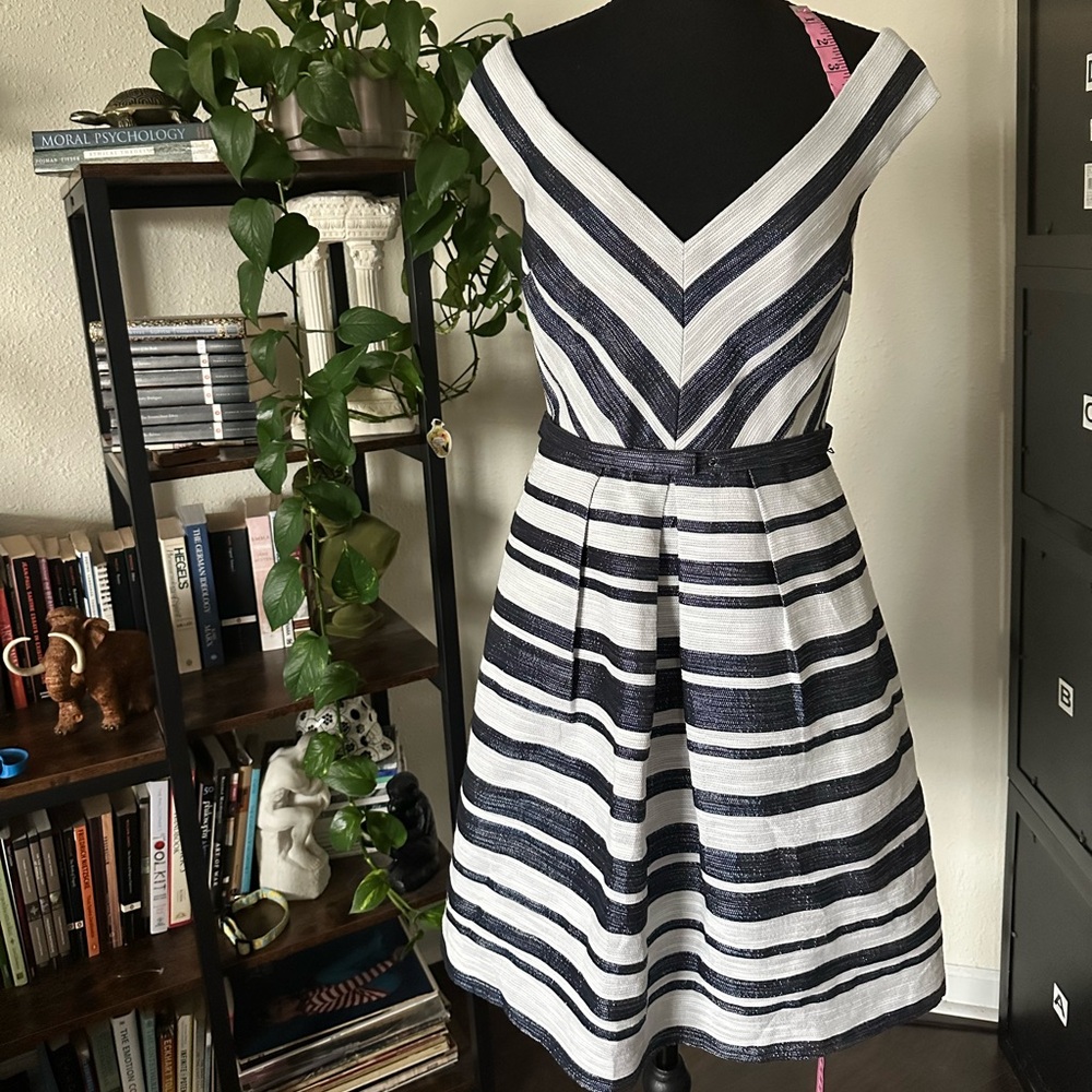 Kay Unger Navy and White Chevron Midi Dress